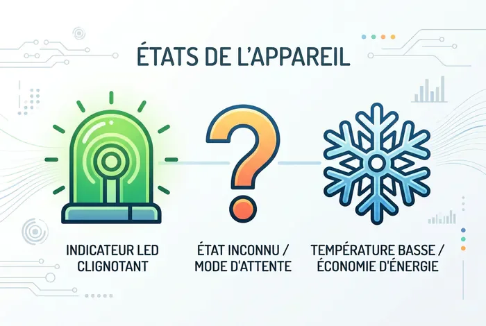 Infographie illustrant un voyant LED vert clignotant avec un point d'interrogation et un flocon de neige