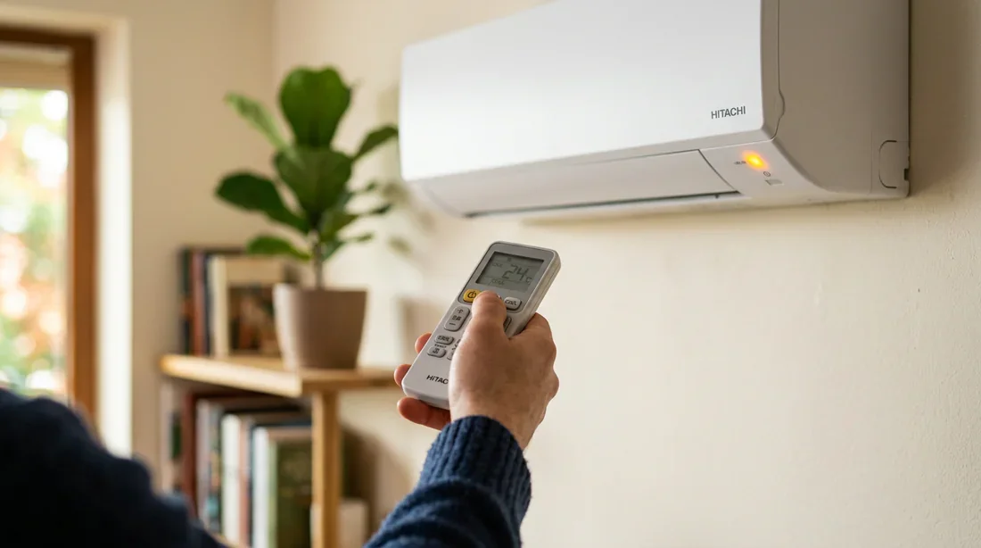 Télécommande dirigée vers le voyant LED clignotant de l'unité intérieure de climatisation Hitachi
