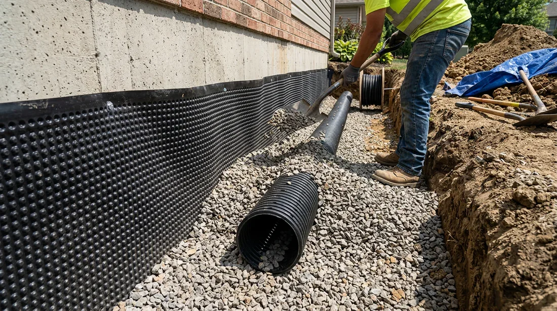 Installation d'un drain français et membrane d'étanchéité contre les murs de fondation.