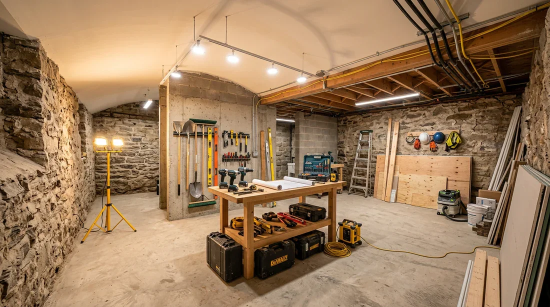 Rénovation et aménagement d'un sous-sol enterré Rénovation d'un sous-sol enterré éclairé avec murs bruts en pierre et parpaings.