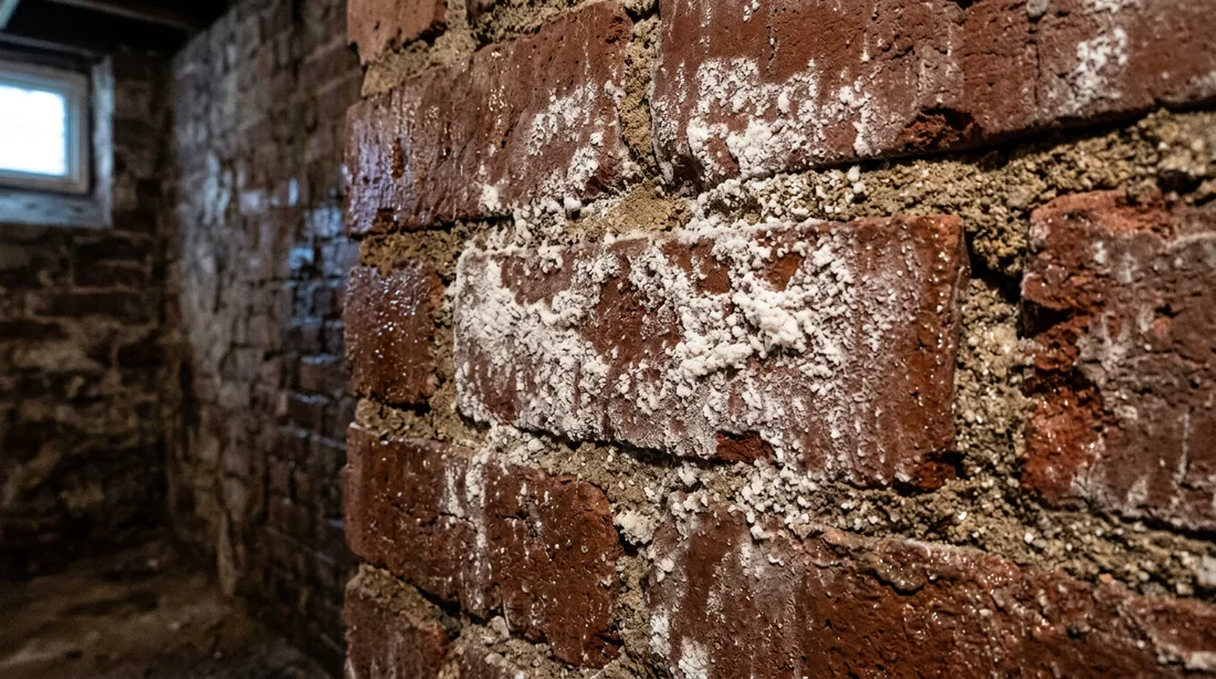 Infiltration d'eau et salpêtre dans le sous-sol Traces d'humidité et salpêtre sur un mur en brique de sous-sol.