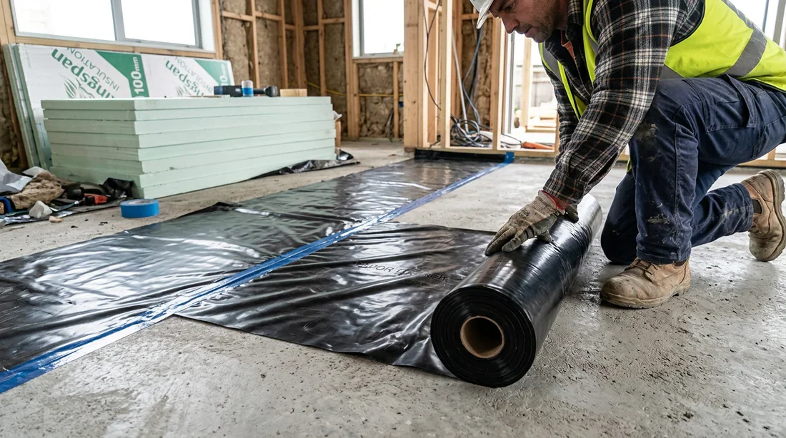 Préparation du sol avec pare-vapeur Installation d'un film polyane pare-vapeur sur une dalle en béton