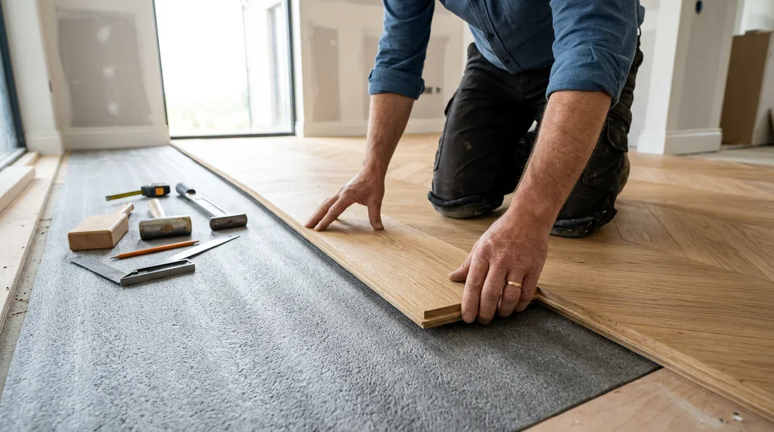 Installation du parquet sur sous-couche isolante Pose flottante d'un parquet en chêne sur sous-couche isolante