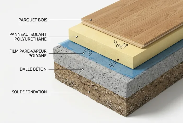 Isolation Sol sans Vide Sanitaire : Prix & Méthodes - Sol sans Vide Sanitaire : Isoler sans Tout Casser ! - Comment Isoler un Sol sans Vide Sanitaire ? Schéma en coupe des couches d'isolation sous parquet : dalle béton, polyane, isolant et parquet