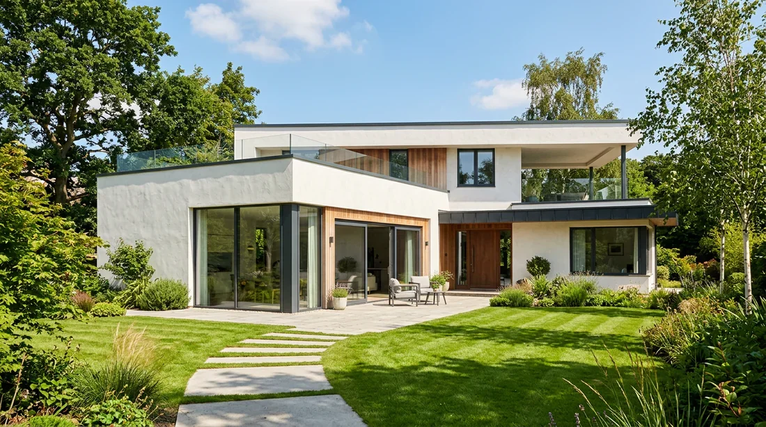 Maison contemporaine isolée par l'extérieur Façade d'une maison moderne achevée avec isolation thermique extérieure performante.