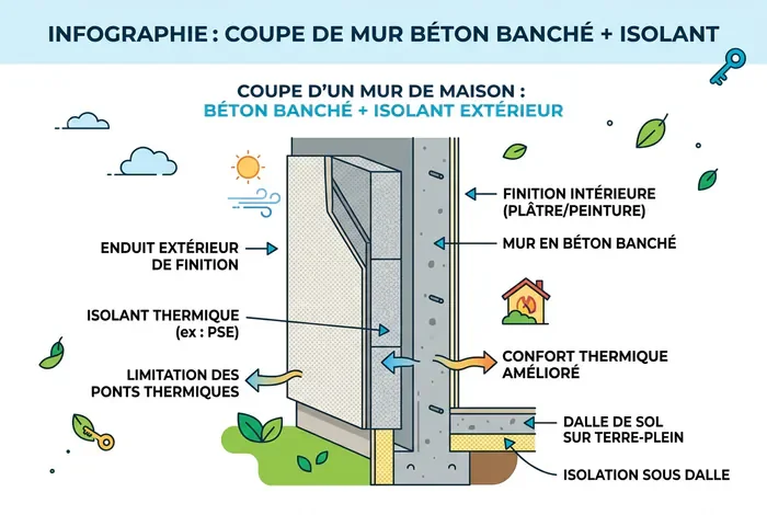 Isolation d'un mur en béton banché : Guide 2026 - Isoler le béton banché : le guide ultime 2026 ! - Comment isoler efficacement un mur béton banché ? Infographie montrant la coupe d'un mur en béton banché avec isolant.