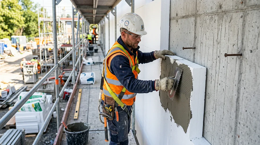 Mise en œuvre de l'isolation sur mur en béton Ouvrier qualifié posant des panneaux isolants sur un mur en béton.