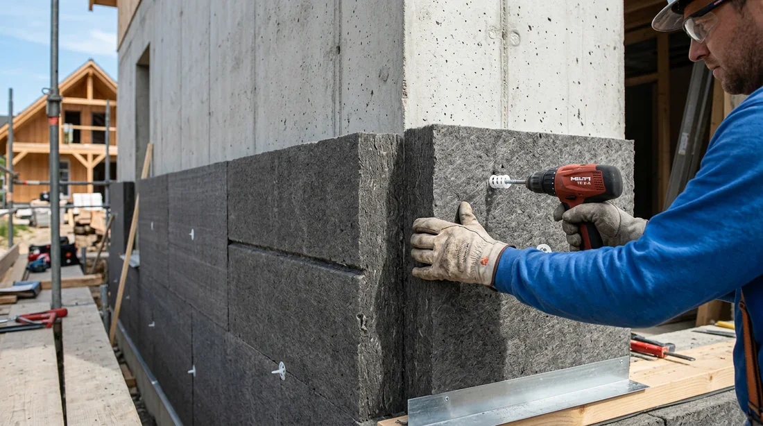 Technique d'isolation extérieure sur béton banché Panneaux d'isolation thermique extérieure fixés sur un mur brut en béton banché.