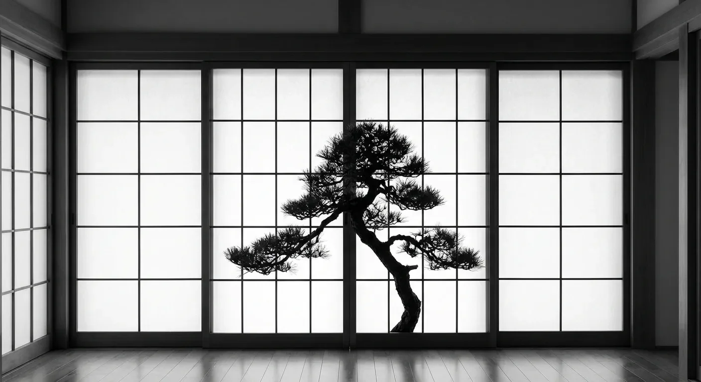 Maison style japonaise : 7 clés pour un design zen et épuré Miniature minimaliste d'un bonsaï devant une paroi Shoji traditionnelle