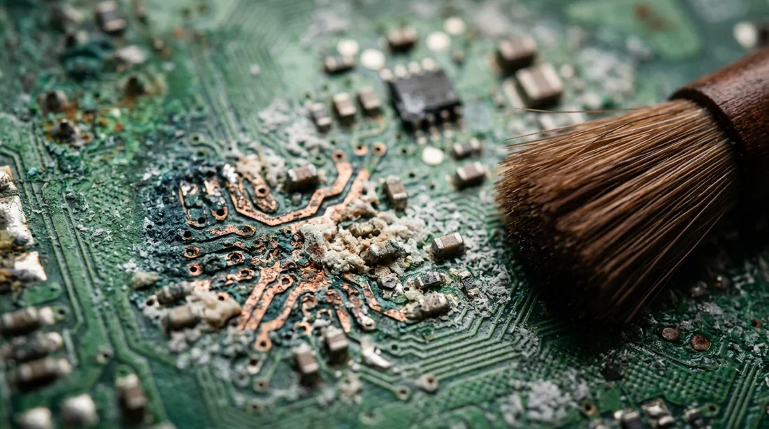 Gros plan macro sur un circuit imprimé corrodé avec une brosse de nettoyage
