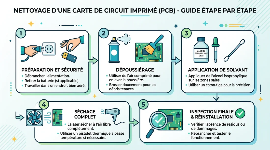 Infographie des étapes de nettoyage d'un circuit imprimé
