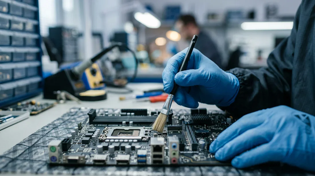 Technicien utilisant une brosse pour nettoyer un composant électronique