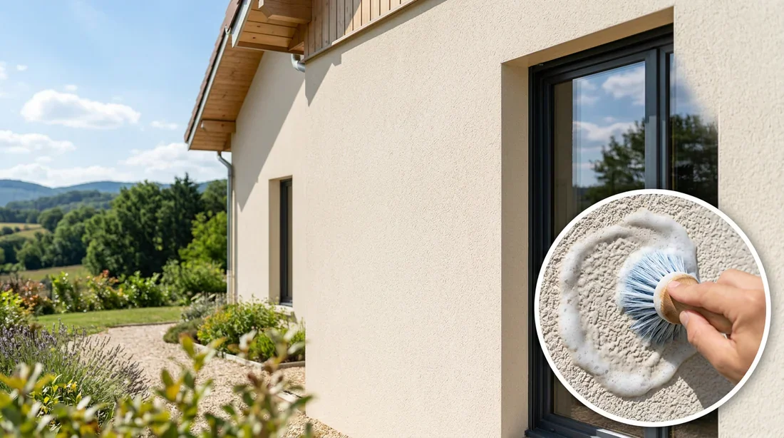 Façade en enduit gratté propre et méthode de nettoyage doux Nettoyage doux d'une façade en enduit gratté de maison