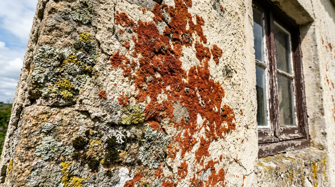 Origine des traces rouges sur l'enduit gratté Traces rouges et moisissures sur un enduit gratté de façade