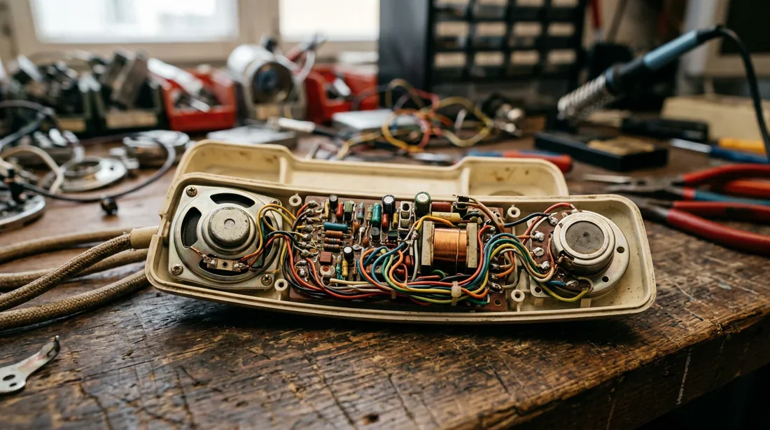 Combiné d'interphone Terraneo vintage ouvert montrant les composants électroniques et le câblage interne