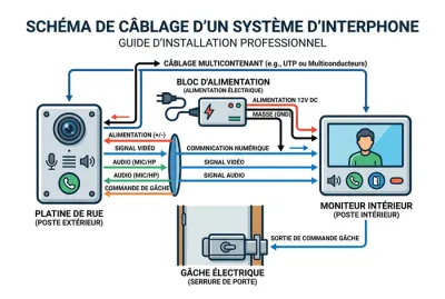 Infographie simplifiée montrant le guide de câblage d'un interphone Terraneo