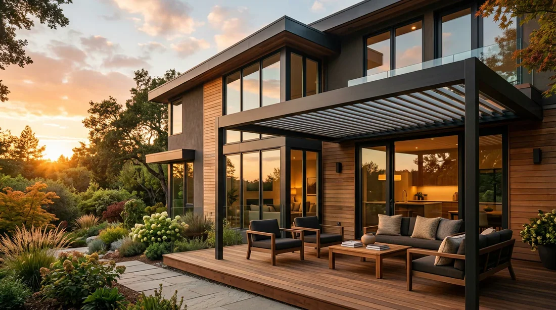 Maison moderne orientée Sud-Ouest avec terrasse et pergola Façade de maison moderne avec terrasse en bois et pergola baignée par la lumière du soleil couchant