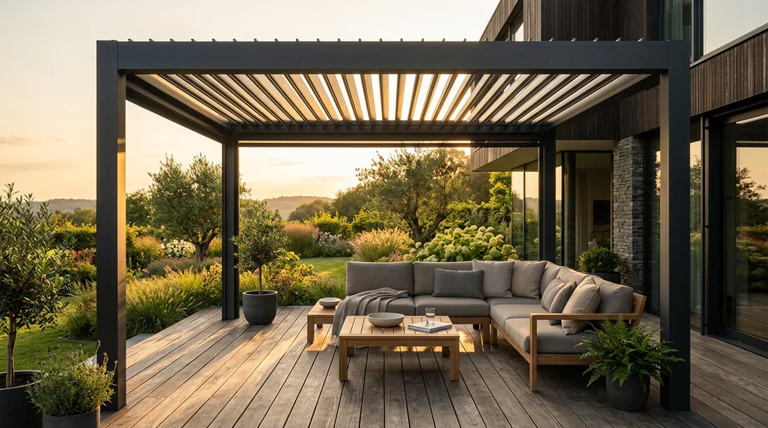 Pergola bioclimatique pour protection solaire Sud-Ouest Pergola bioclimatique installée sur une terrasse en bois pour filtrer le soleil du Sud-Ouest