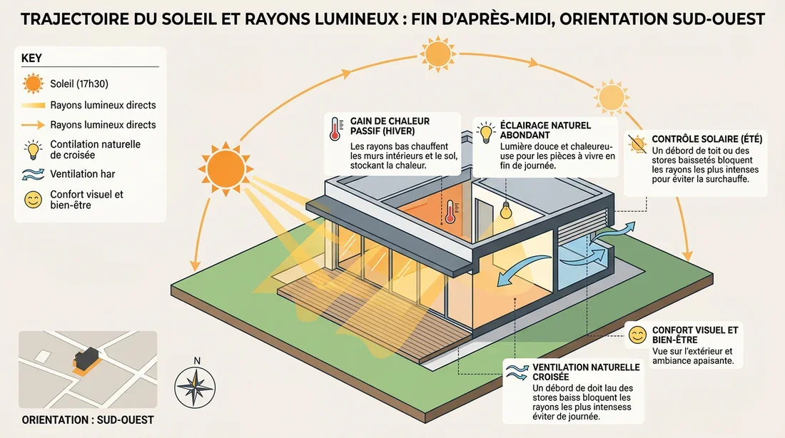 Infographie trajectoire du soleil exposition Sud-Ouest Schéma infographique de la trajectoire du soleil pour une maison orientée Sud-Ouest