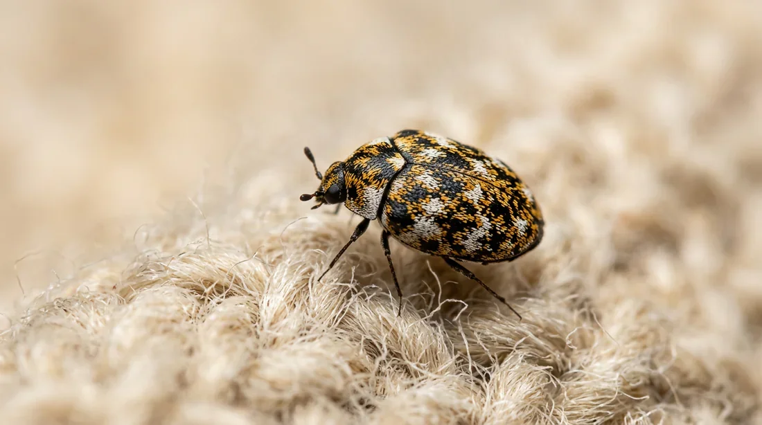 Identification d'un anthrène adulte sur du tissu Anthrène adulte posé sur un tissu en laine clair, photographie macro