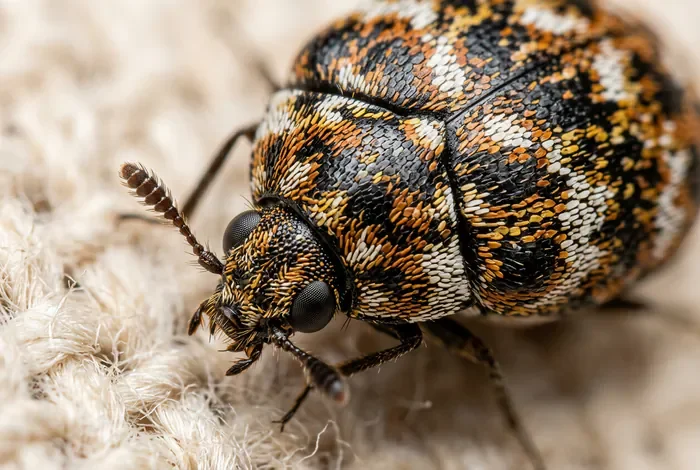 Gros plan sur un coléoptère anthrène des tapis