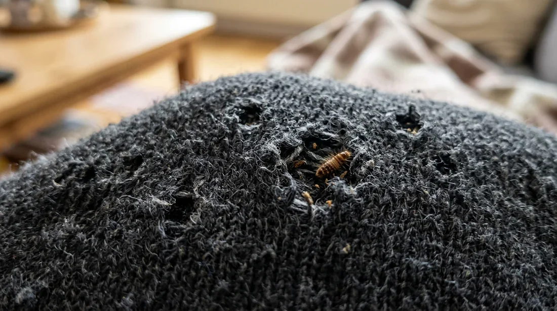 Dégâts d'anthrènes sur les vêtements Trous causés par des anthrènes sur un vêtement en laine