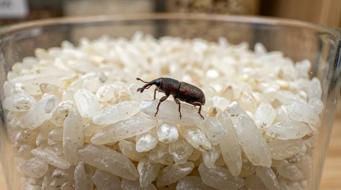 Le charançon des denrées alimentaires Charançon des céréales posé sur des grains de riz dans une cuisine