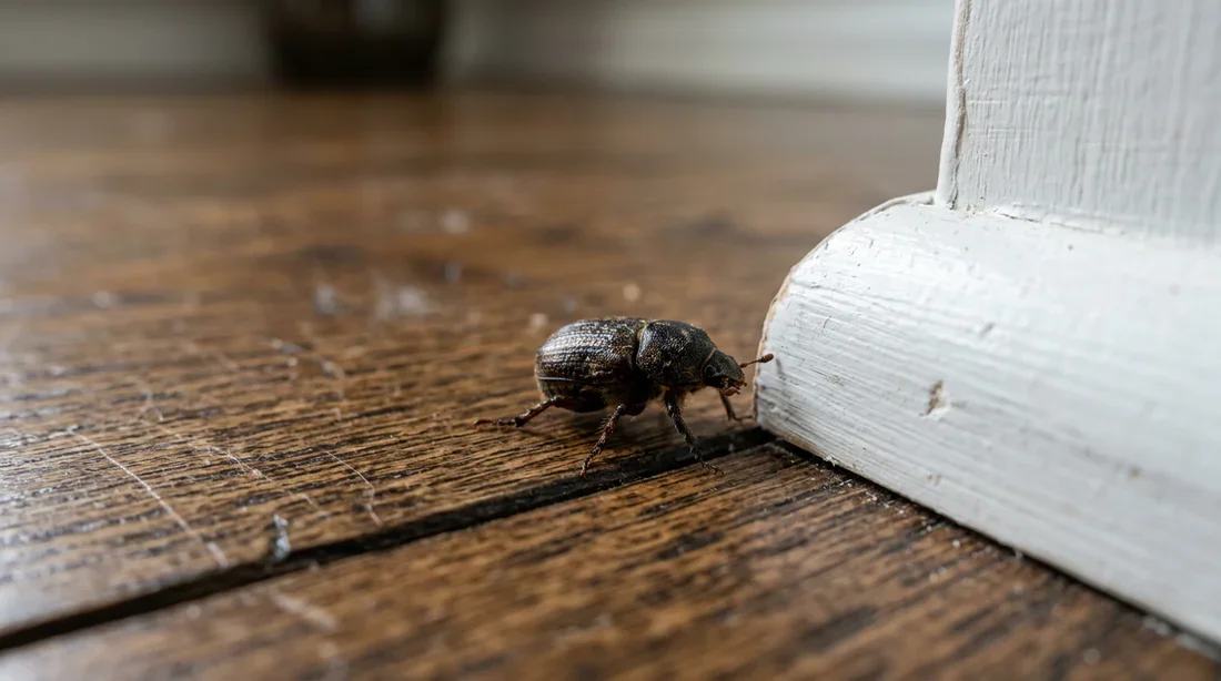 Petit coléoptère d'intérieur près d'une plinthe en bois Macro photo d'un petit coléoptère noir et brun près d'une plinthe blanche