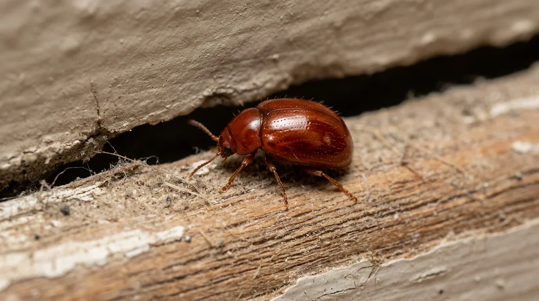 Le ptine bombé, coléoptère d'intérieur Ptine bombé rouge-brun rampant près d'une fissure dans une maison