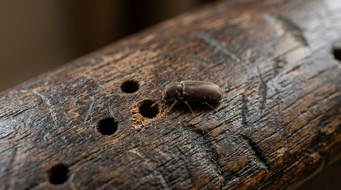 La vrillette du bois sur du mobilier ancien Vrillette du bois sur un meuble en bois perforé de petits trous
