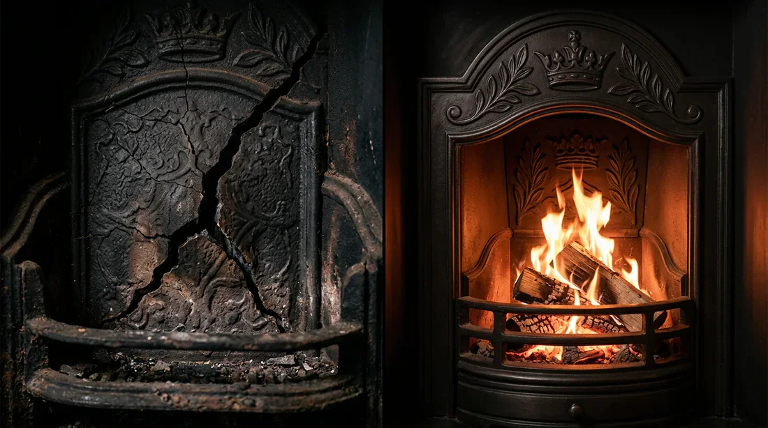 Comparaison avant et après d'une plaque arrière d'insert en fonte : fissure dangereuse versus insert réparé et sécurisé avec un beau feu.