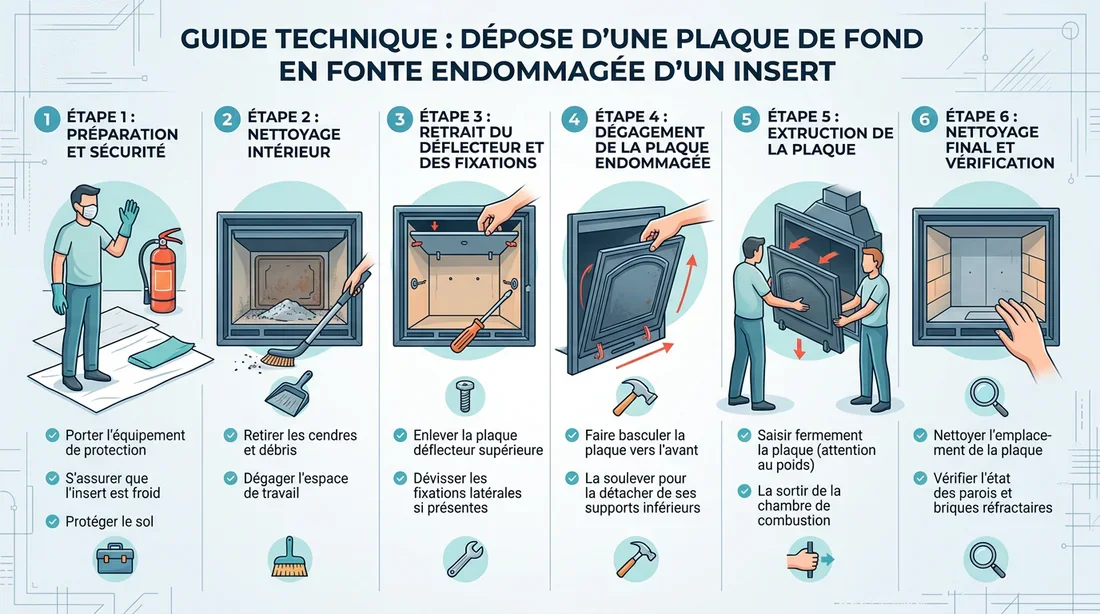 Infographie illustrant les étapes de démontage d'une plaque en fonte dans un insert.