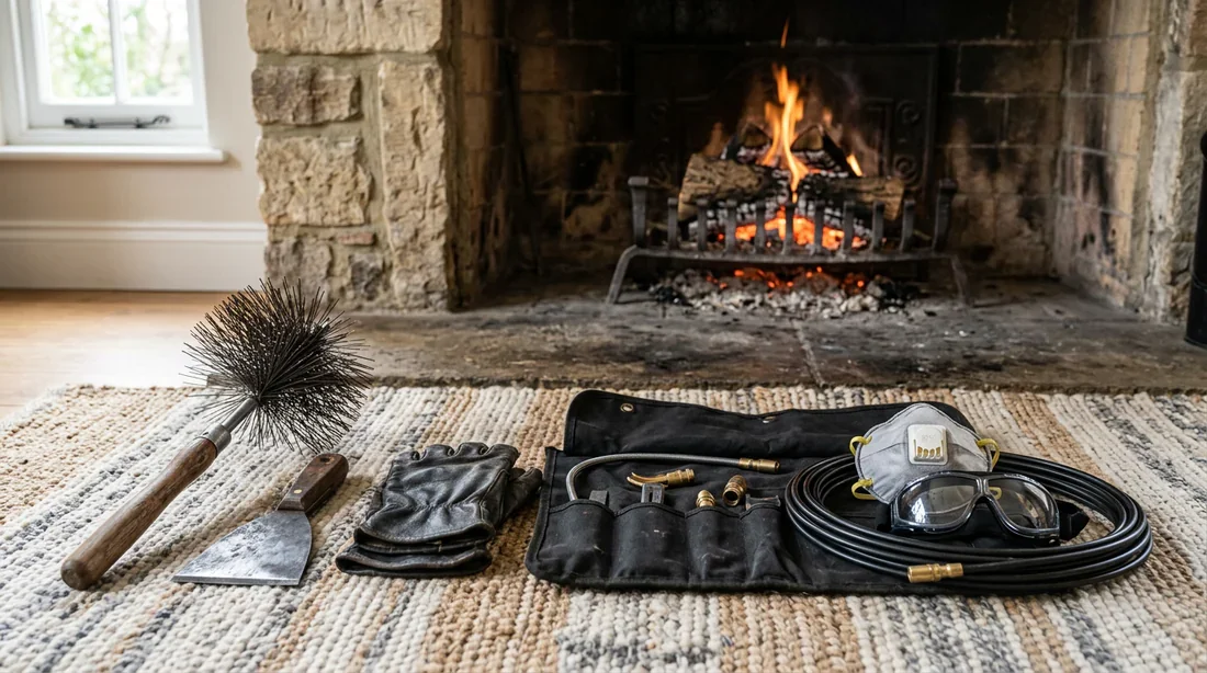 Outils professionnels pour l'entretien et le nettoyage d'un insert de cheminée.