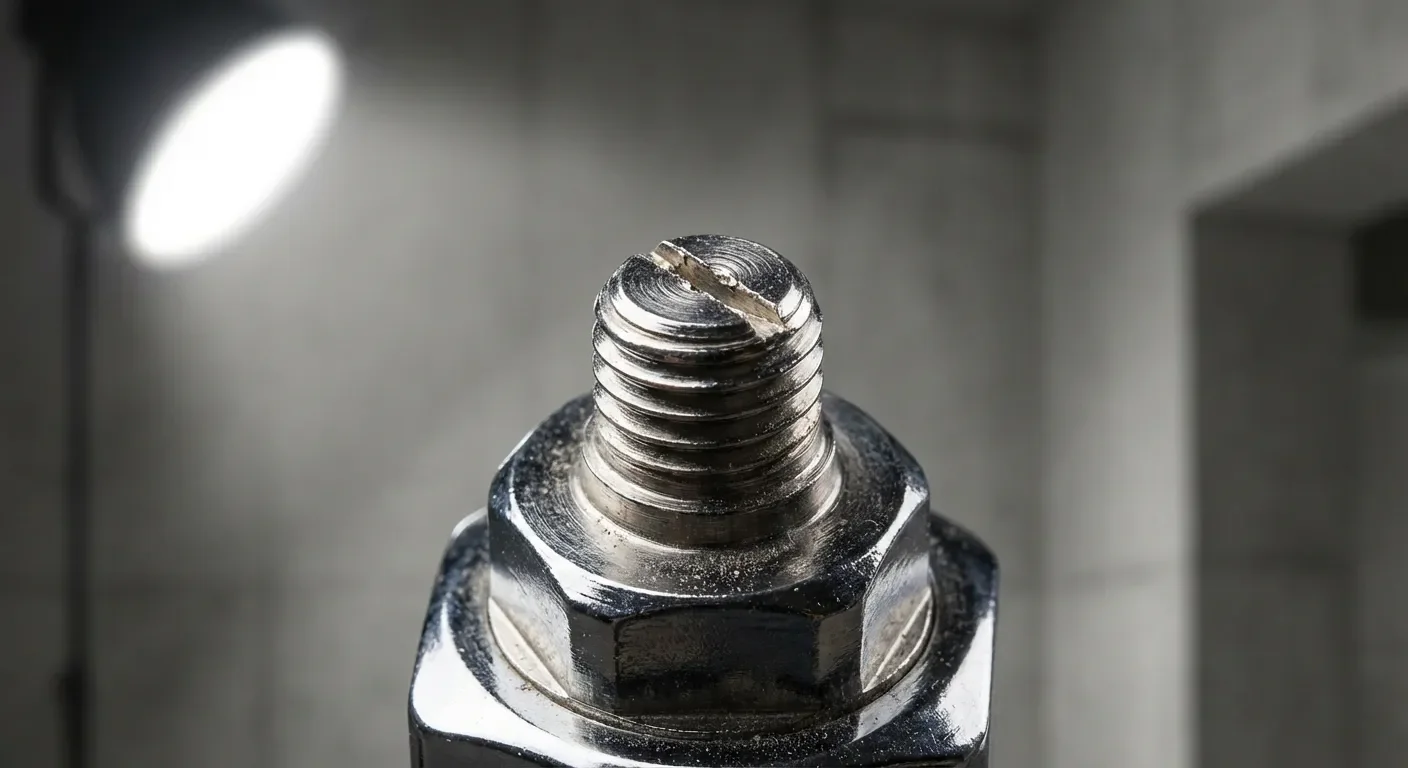 Gros plan iconique sur une vis de purge de radiateur en chrome brillant.