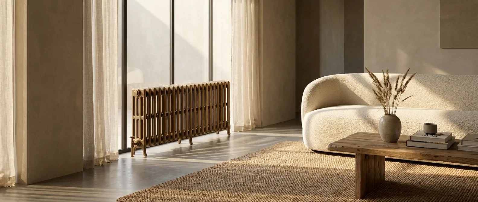 Un radiateur élégant dans un salon moderne baigné de lumière naturelle, illustrant l'entretien du chauffage.