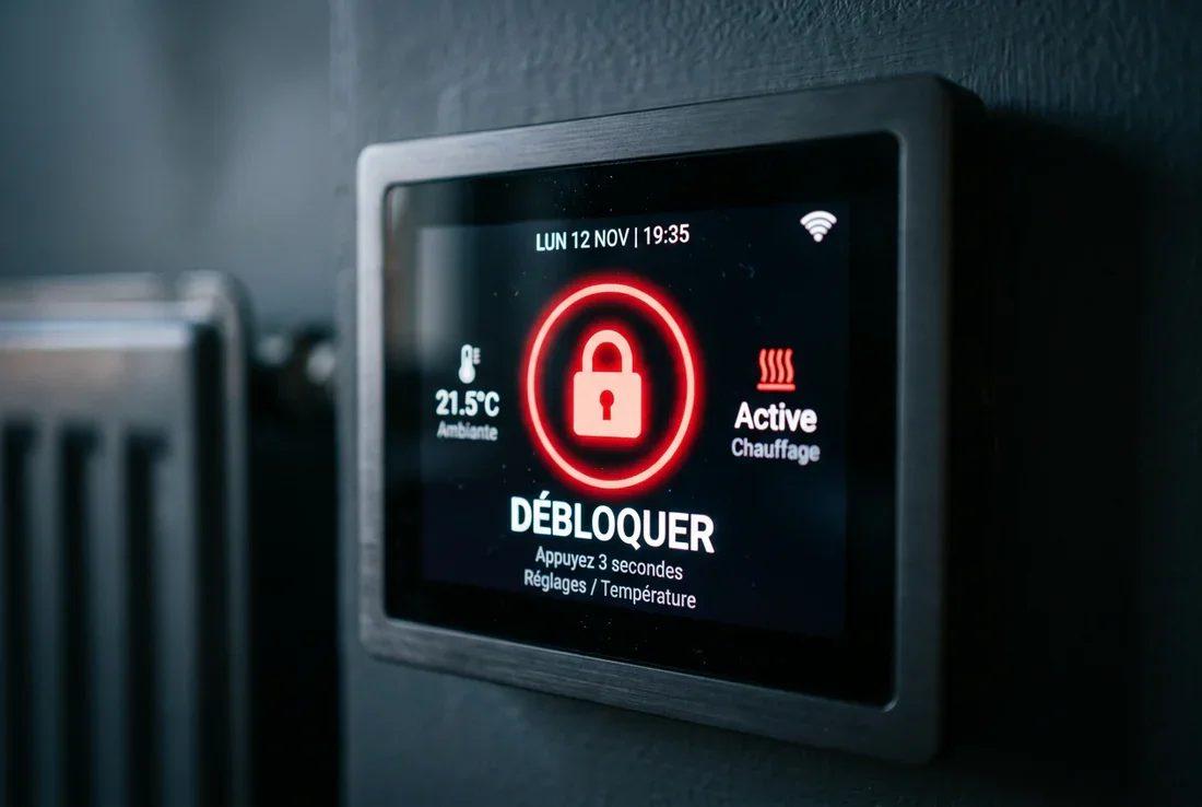 Une personne perplexe devant le panneau de commande numérique d'un radiateur Airelec blanc dans un salon moderne.