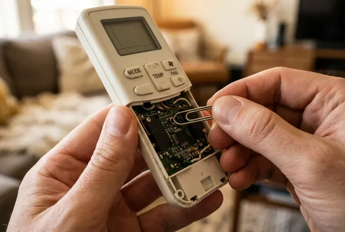 Gros plan sur la réinitialisation d'une télécommande de climatisation avec un trombone