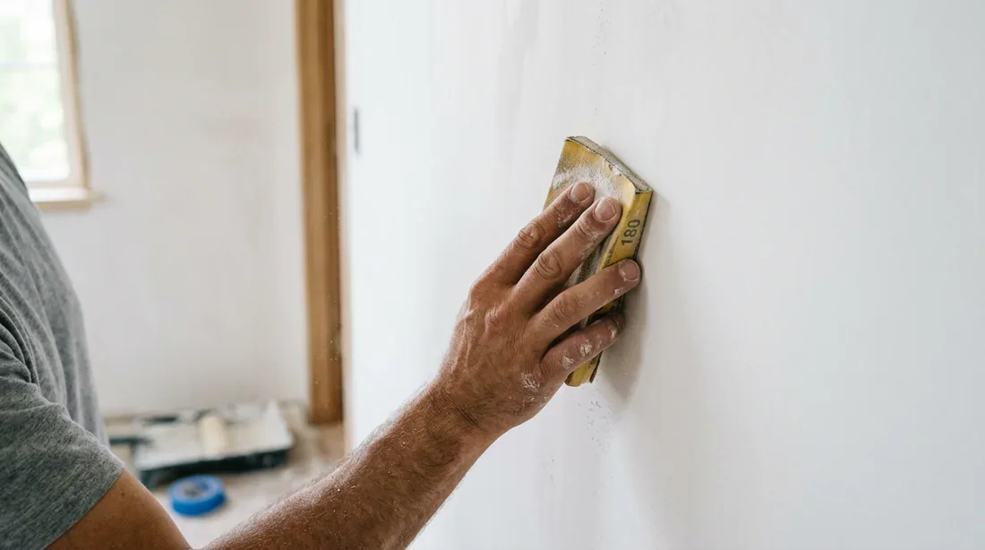 Ponçage de l'enduit sec pour une finition parfaite Ponçage minutieux d'un mur enduit pour finition lisse