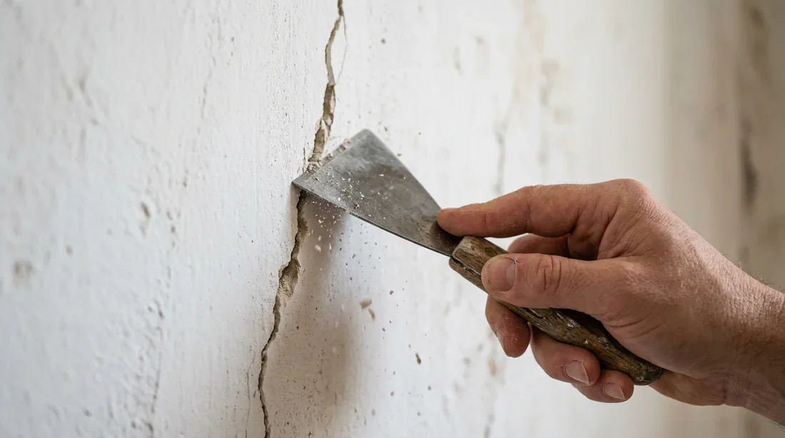 Ouverture de la fissure avant application de l'enduit Préparation de la fissure murale avec un grattoir triangulaire