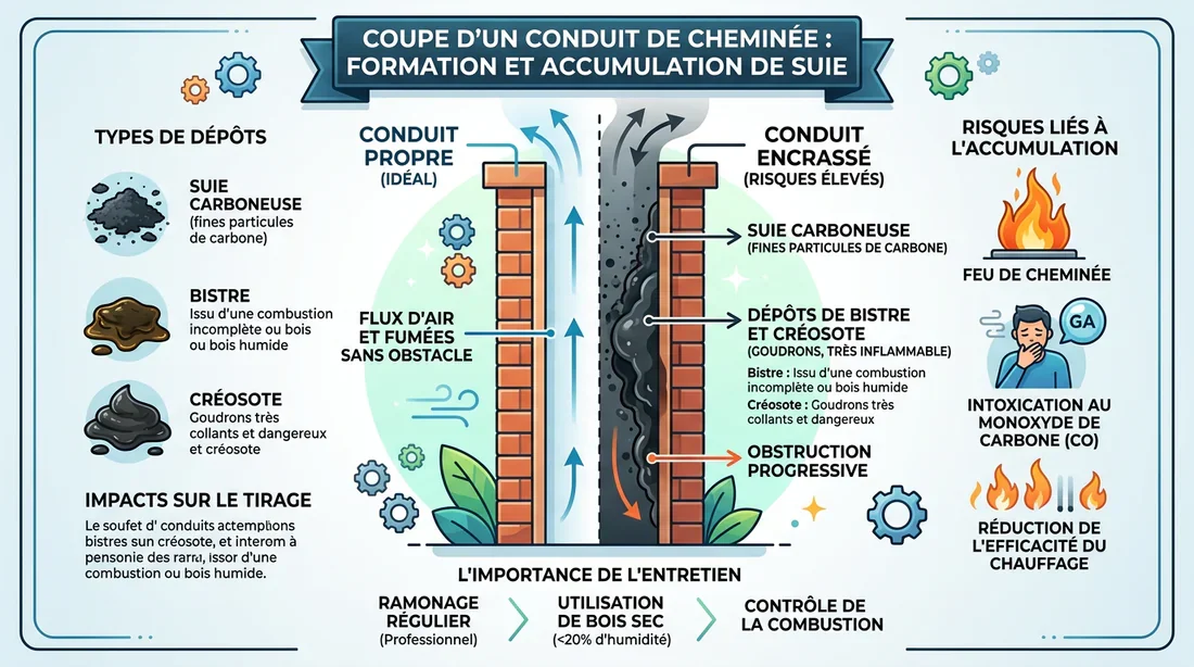 Schéma illustrant l'accumulation de suie dans un conduit de cheminée