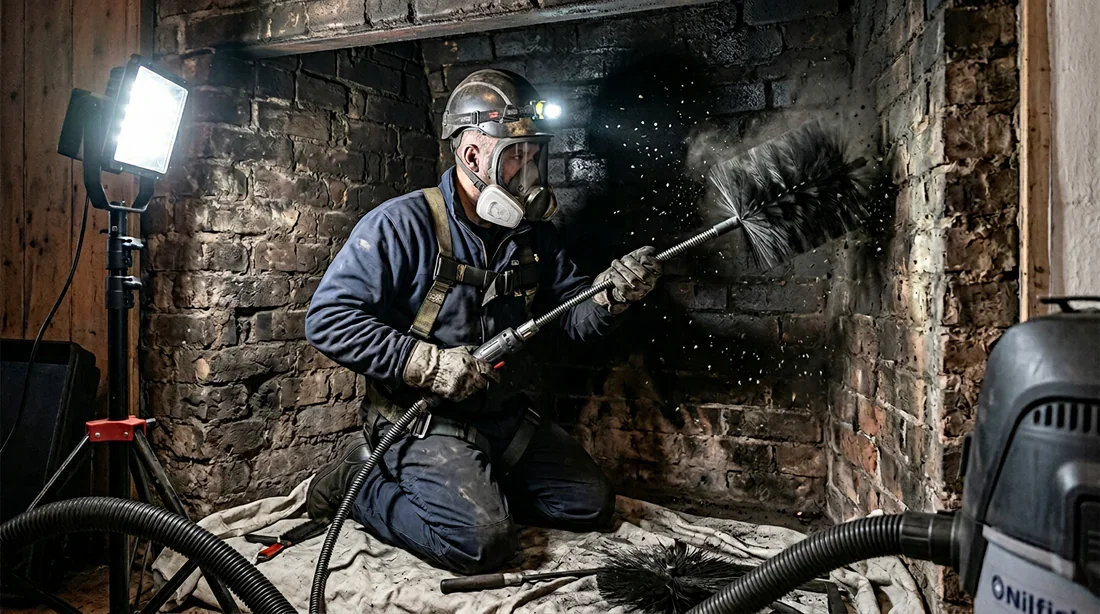 Un professionnel effectuant le ramonage d'une cheminée