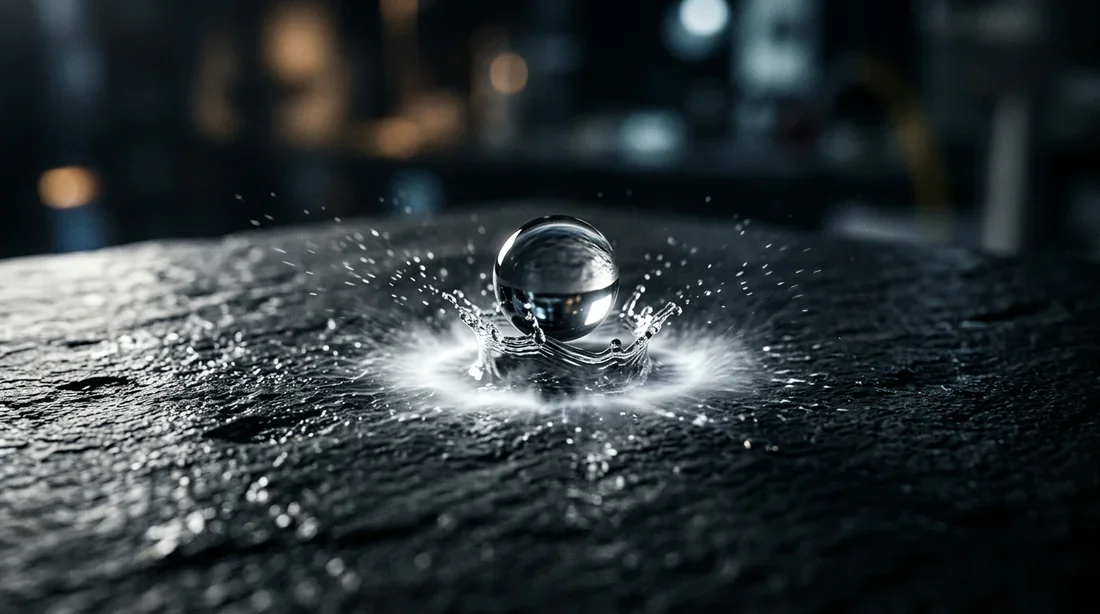 Action corrosive d'un produit chimique sur un carrelage Goutte de liquide acide attaquant la surface d'un carrelage sombre