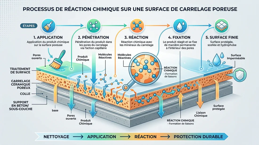 Processus d'altération chimique du carrelage Schéma explicatif de la réaction chimique sur carrelage
