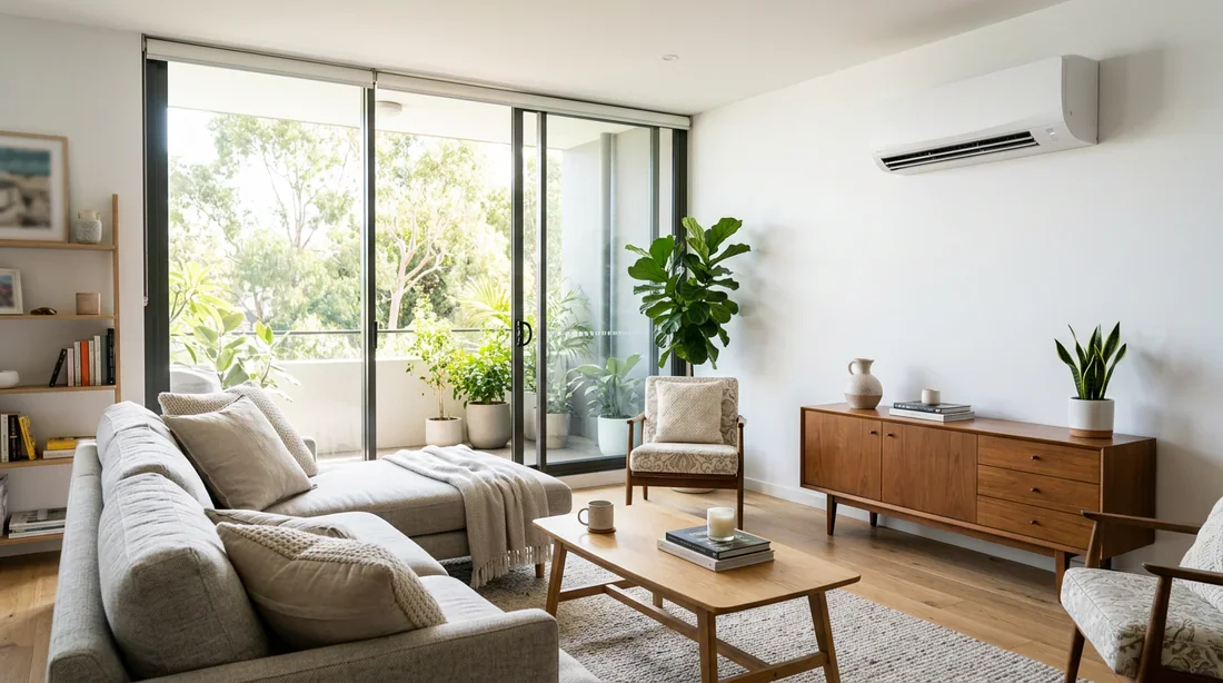 Réglage optimal de la température de climatisation Climatiseur mural diffusant de l'air frais dans un salon moderne et lumineux.