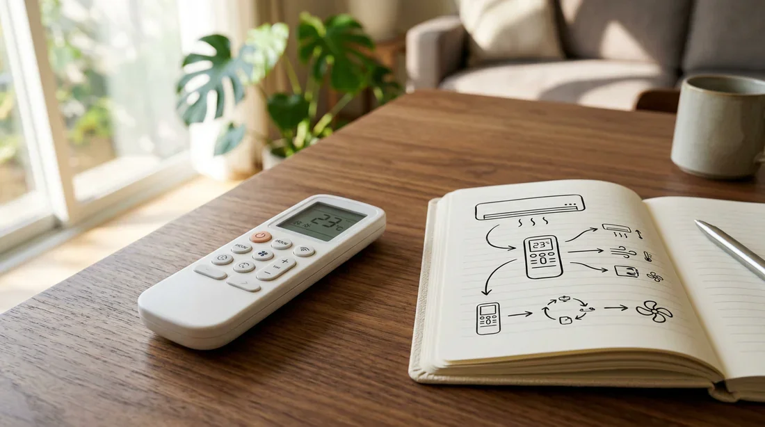 Comprendre les symboles de la télécommande Télécommande de climatisation posée sur une table près d'un guide d'utilisation.