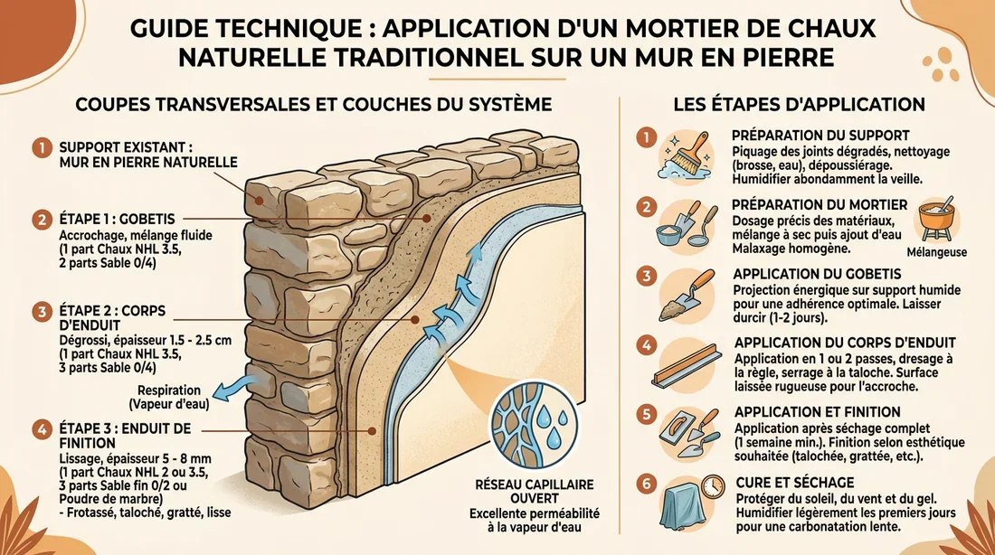 Étapes du rejointoiement à la chaux Schéma explicatif des étapes de pose d'un enduit à la chaux sur pierre