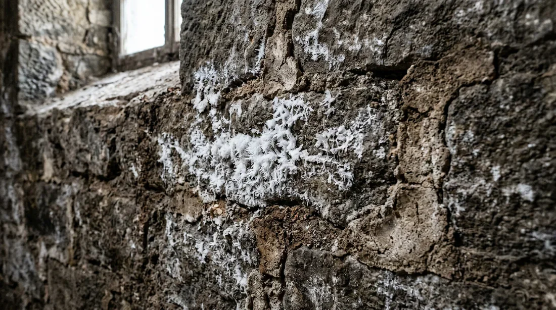 Diagnostic du salpêtre sur mur en pierre Traces de salpêtre et dégradation des joints sur un mur en pierre humide