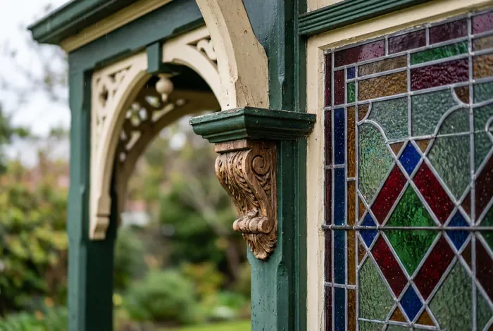 Maison Victorienne : Guide Architecture et Rénovation - Top 6 des Styles de Maison Victorienne : Guide Ultime - Maison Victorienne : Comment la Rénover sans se Tromper ? Gros plan sur un porche orné et une fenêtre à guillotine avec vitraux de style victorien.