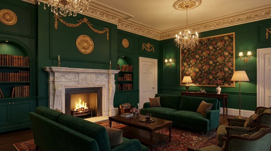 Intérieur de salon victorien rénové avec murs vert sombre, cheminée en marbre et mobilier en velours.