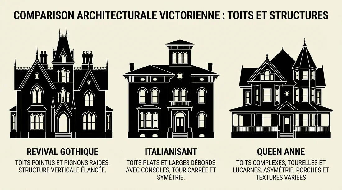 Planche comparative des styles de maisons victoriennes : Néo-Gothique, Italianate et Queen Anne.